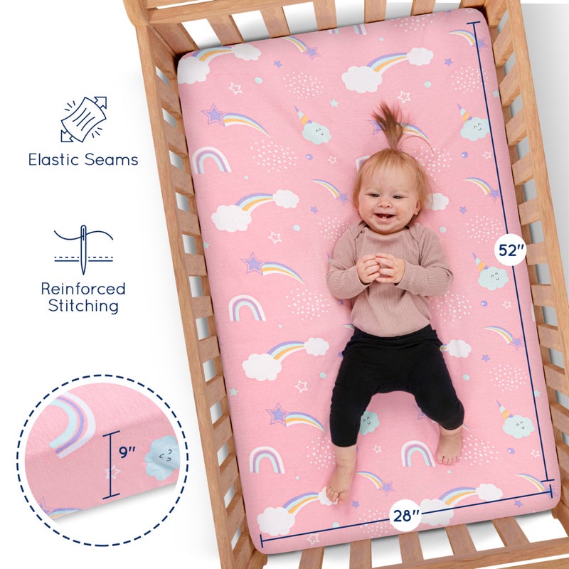 GrowWILD GROW WILD Unicorns & Rainbows Fitted Crib Sheets Girl (3 Pack) - Soft Jersey Cotton Fitted Sheet, Toddler Bed Mattress & Baby Crib Bedding Set for Girls, Baby Girl Nursery Crib - Pink, Purple & White - Image 3